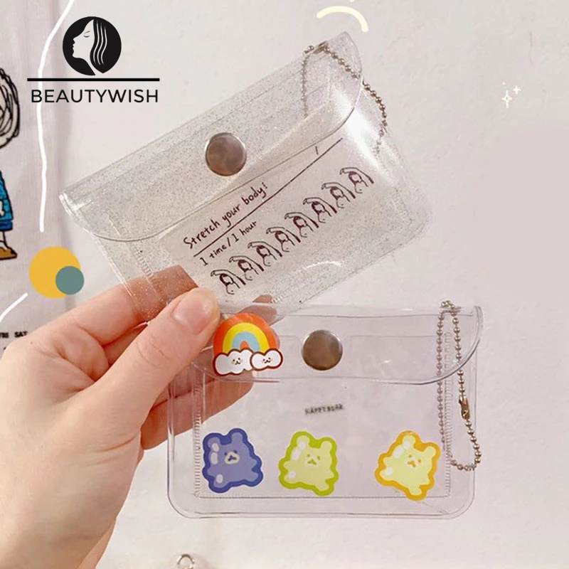 Beautywish Simple Glitter Transparent PVC Card Holders Waterproof Portable Mini Wallet for Women