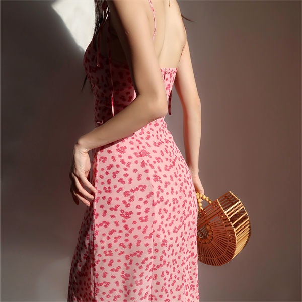 Đầm Hai Dây Dáng Ôm Xẻ Tà In Hoa Phối Khóa Kéo Màu Hồng Phong Cách Retro Pháp