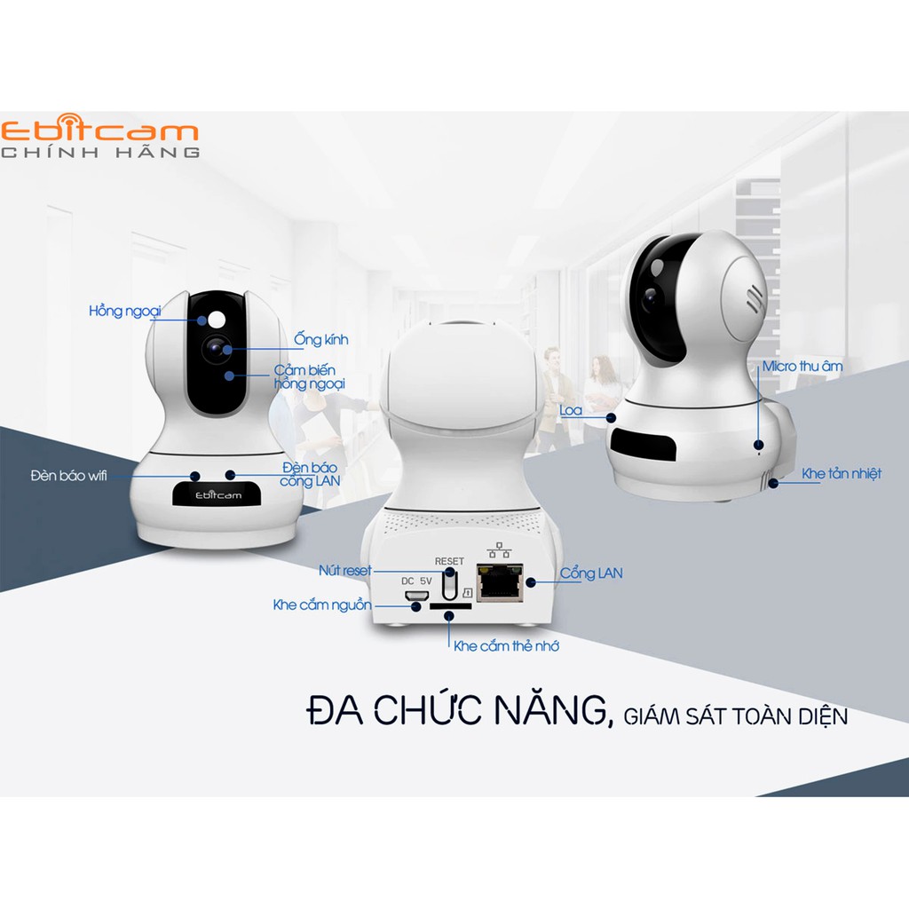 Camera IP Wifi EbitCam E3 Độ Phân Giải 3Megapixel - Hàng chính hãng Tặng kèm thẻ nhớ tùy chọn
