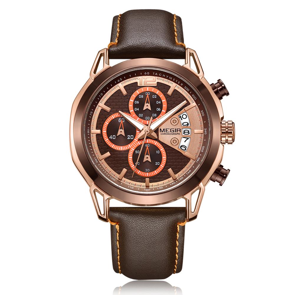 MEGIR 2071 Real 3 Dials Chronograph Luminous Date Display Leather