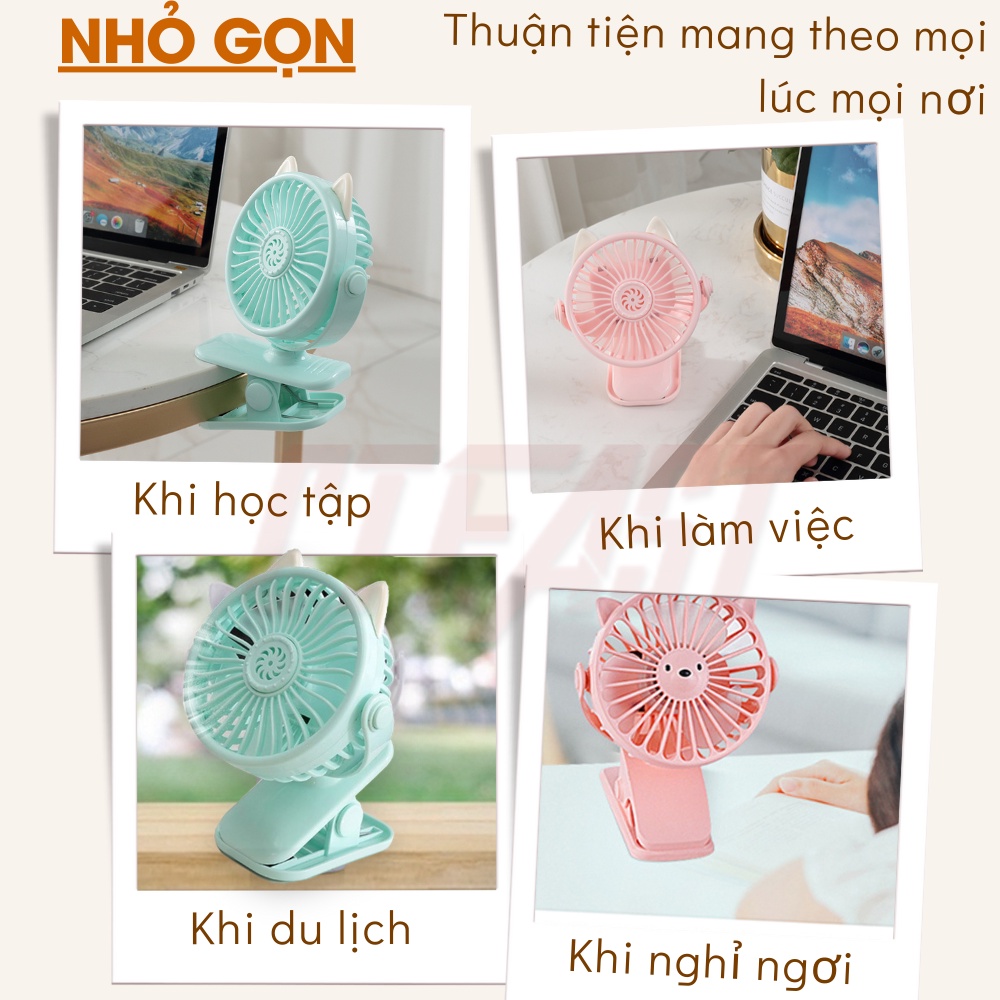 Quạt mini tích điện cầm tay hình mèo CTFAST, thiết kế dạng kẹp, điều chỉnh 360 độ, pin sạc 1200mAh