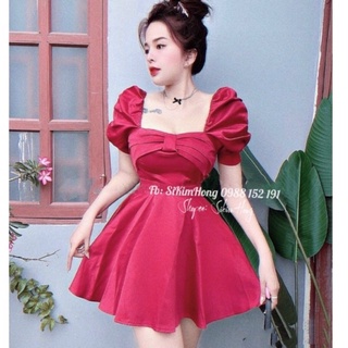 Đầm Xoè ngắn nơ kiểu tay bồng che khuyết điểm M435( Ảnh shop chụp thật 100%)