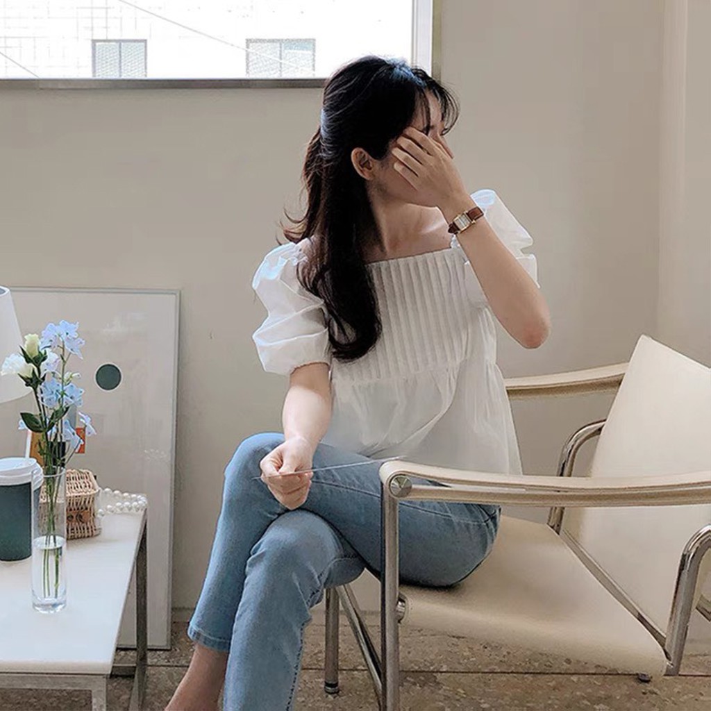 Áo sơ mi nữ tay bồng màu trắng be A856, kiểu áo nữ cộc tay cổ vuông xếp ly ngực, dáng áo babydoll đẹp trẻ trung cá tính | BigBuy360 - bigbuy360.vn
