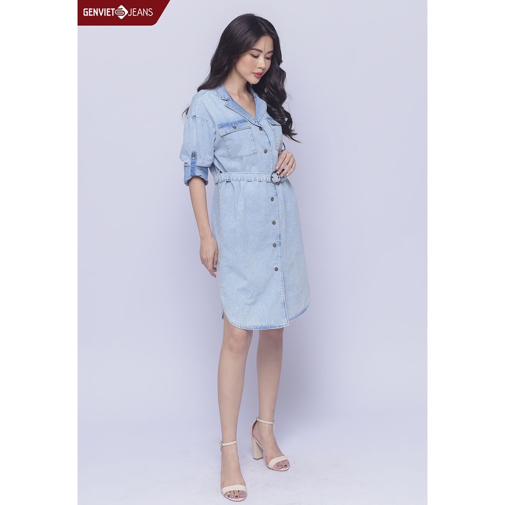 [Mã FASHIONMALLT4 giảm 15% đơn 150k] Đầm Jeans Nữ Phối Hai Túi Ngực TD323J1303 GENVIET