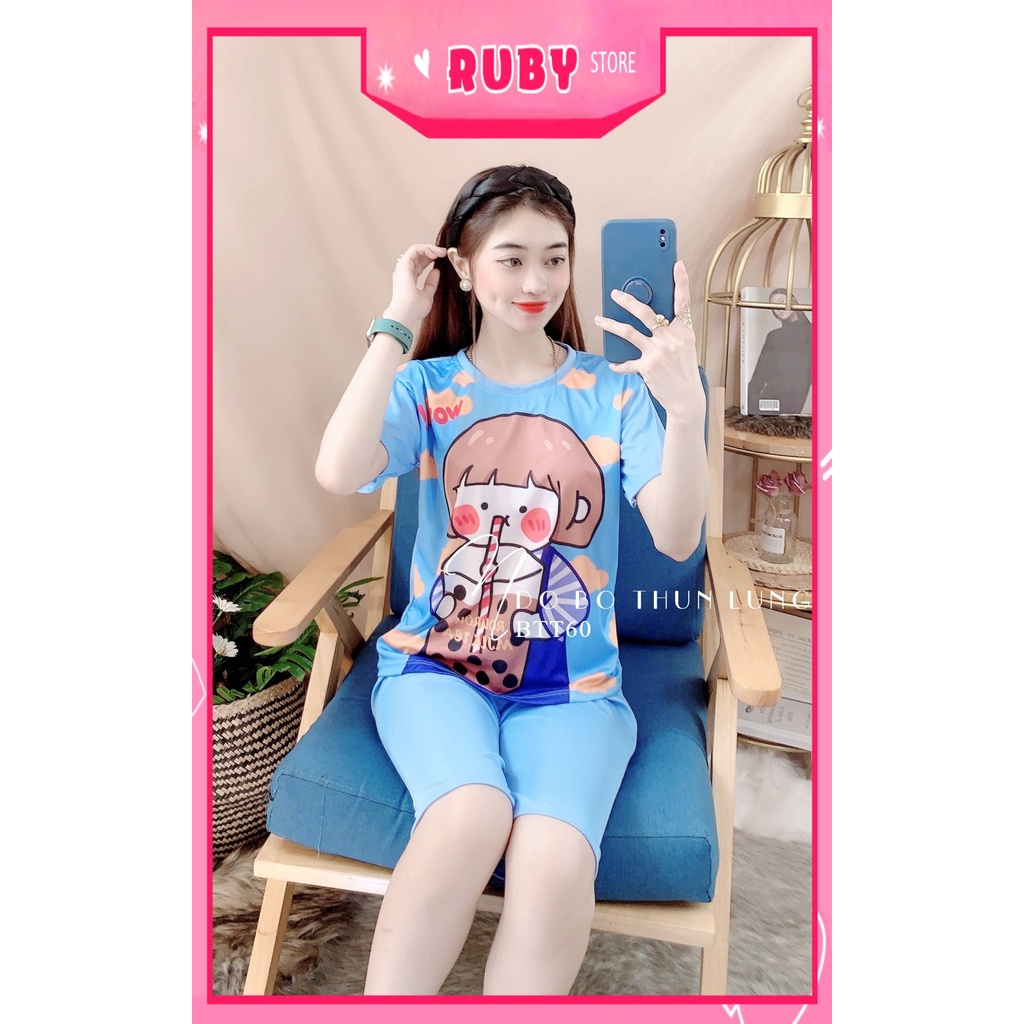 Đồ bộ nữ mặc nhà chất thun mềm mịn in hình bé trà sữa hoạt hình dễ thương Đồ bộ thun lửng BTT60