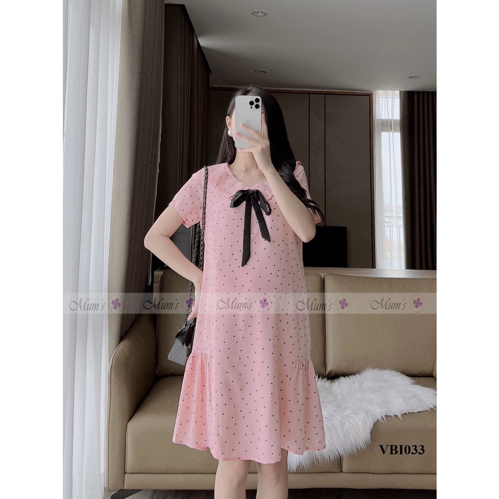 ĐẦM BẦU CÔNG SỞ MUM'S SHOP  FREESHIP  Váy bầu xinh mùa hè bi hồng cổ sen buộc nơ