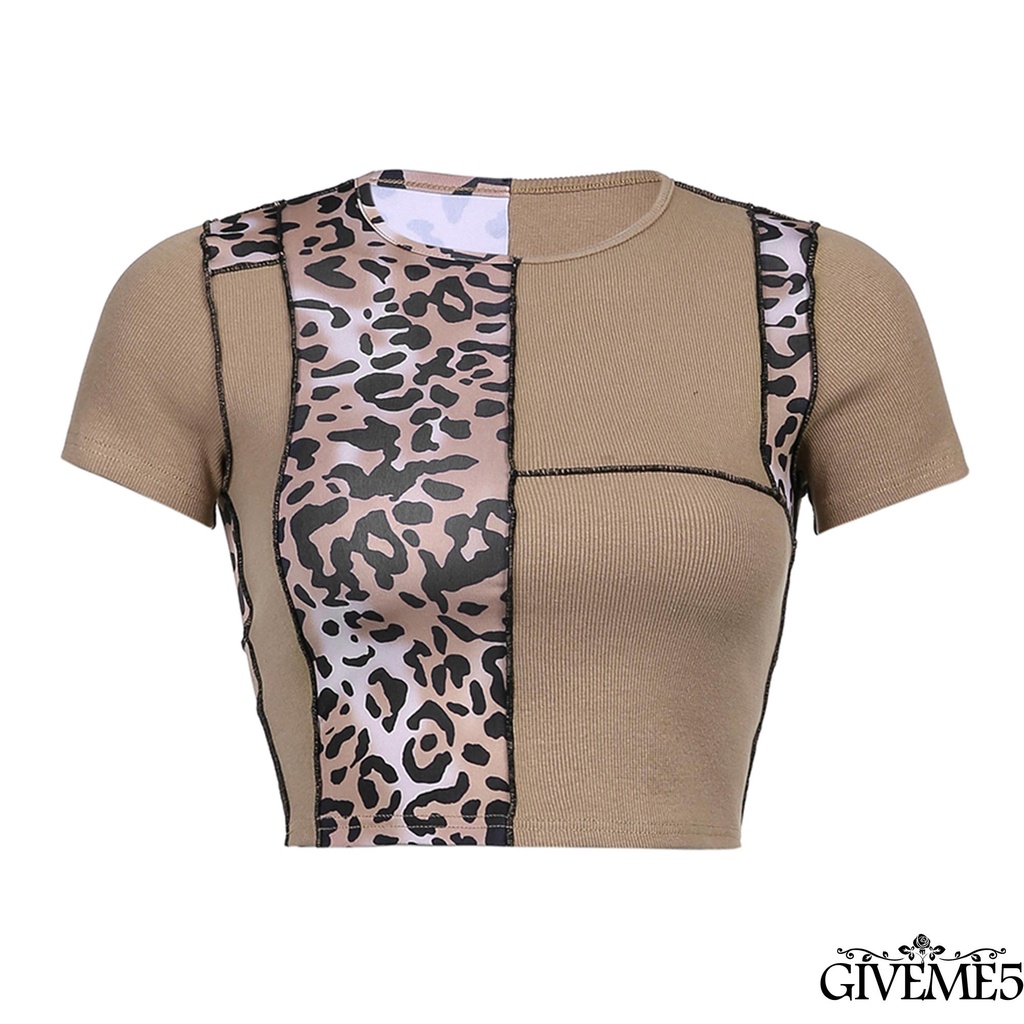 Áo Lửng Ngắn Tay Phối Họa Tiết Da Báo Gợi Cảm Quyến Rũ Cho Nữ