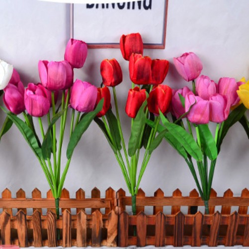CHÙM HOA TULIP 8 BÔNG VẢI LỤA - Hoa giả trang trí nhà cửa Giống Thật 99% - Decor phông chụp ảnh, bình thủy tinh, lọ hoa