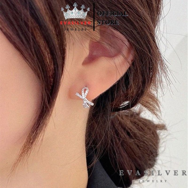 Bông tai bạc Evasilver hình lơ đính đá, Khuyên tai chất liệu bạc thật sang trọng nữ tính