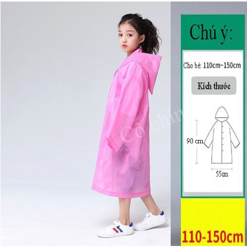 Áo Mưa Trẻ Em, Áo Mưa Trong Suốt Có Mũ Trùm Đầu Phối Nút Và Dây Rút Chống Nước Màu Trơn Cho Bé