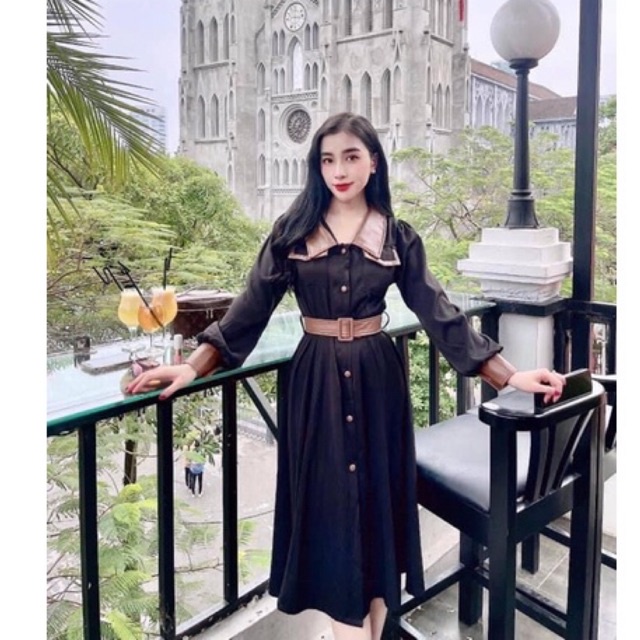 Đầm Nhung Tăm Xanh Coban Phối Da Tay Dài