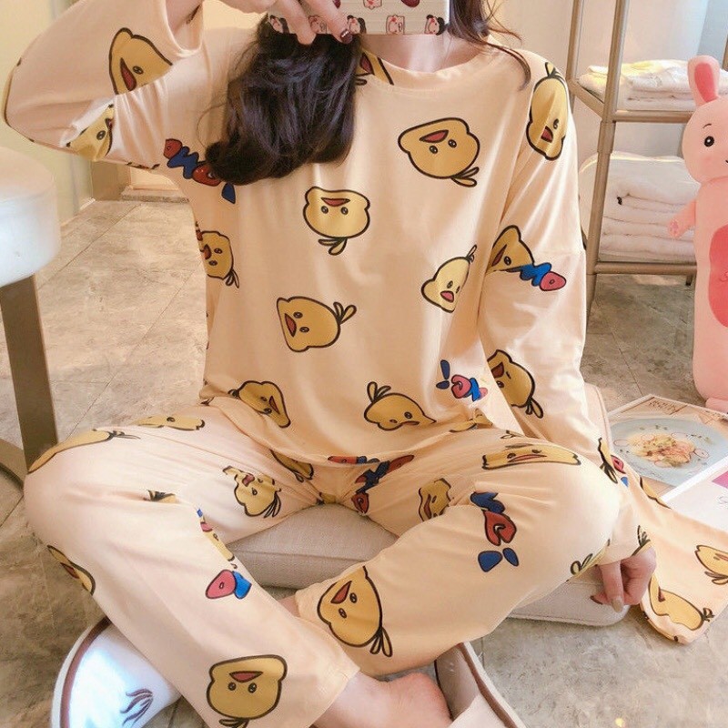 ĐỒ NGỦ TAY DÀI IN HOẠT HÌNH DỄ THƯƠNG - BỘ NGỦ NỈ DÀI TAY VỊT VÀNG - CHÚ HỀ - THỎ VÀNG HỒNG ULZZANG