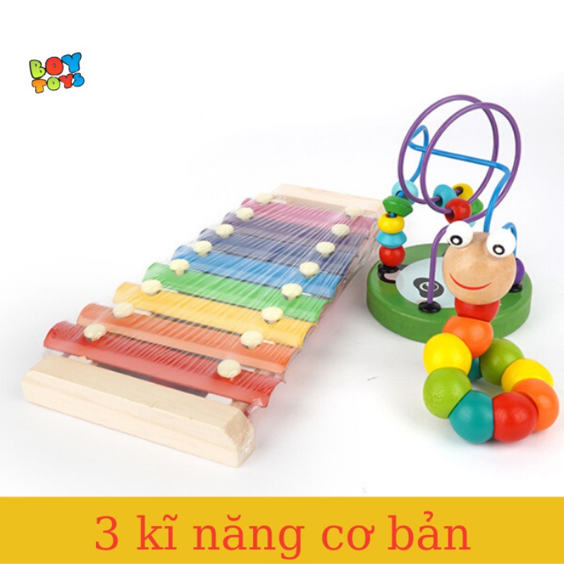 Combo 3 món đồ chơi giáo dục cho bé: Sâu xoắn, luồn hạt, đàn 8 hợp âm ươm mầm trí tuệ