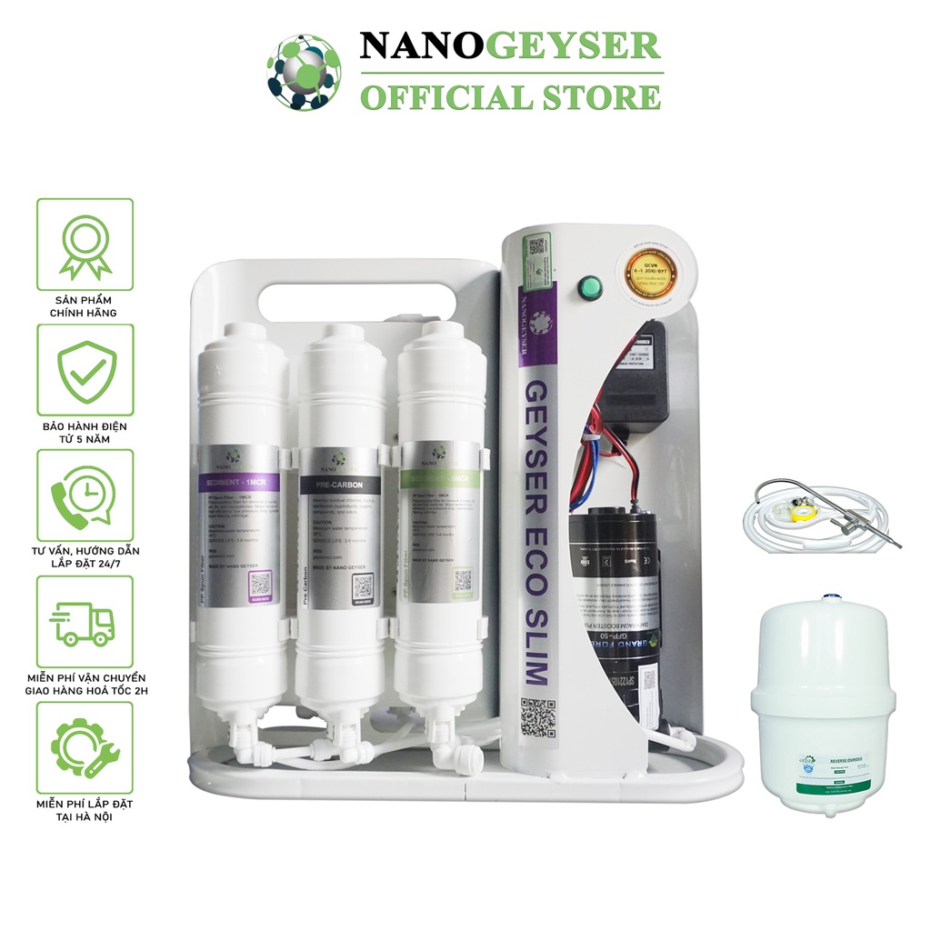 Máy lọc nước Nano Geyser ECO SLIM, Công nghệ lọc nước tinh khiết RO, Bảo hành điện tử 5 năm qua app chính hãng