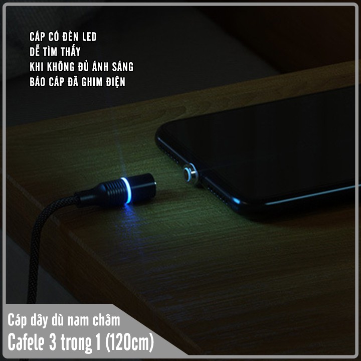Cáp sạc CAFELE đèn LED từ nam châm 3 cổng Micro, TypeC, Lightning