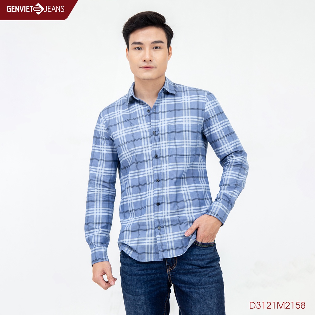 Áo Sơ Mi Jeans Kẻ Nam Dài Tay Trẻ Trung Basic Kẻ Sọc Ô Vuông Genviet D3121M2158