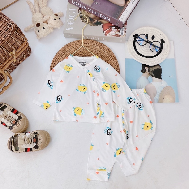 Đồ bộ sơ sinh cho bé trai bé gái Bộ thun lạnh dài tay peptit Minky Mom