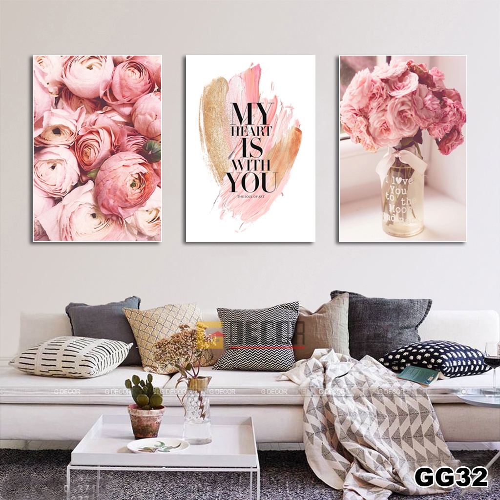 Tranh treo tường canvas khung gỗ 3 bức phong cách hiện đại Bắc Âu tranh hoa mẫu đơn trang trí phòng khách phòng ngủ 96