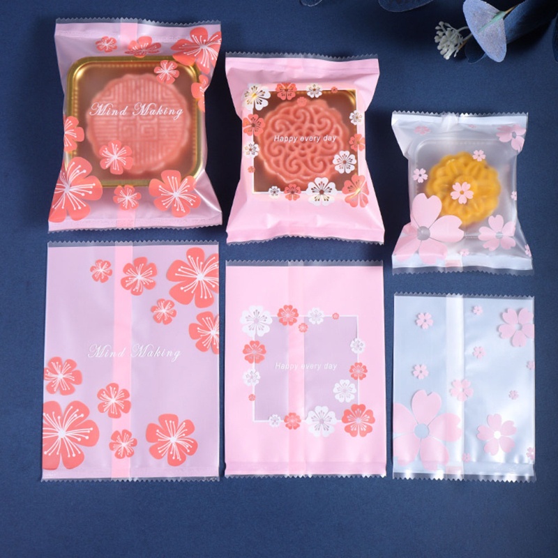 Set 100 túi nhựa đựng bánh trung thu/ bánh quy in hoa anh đào
