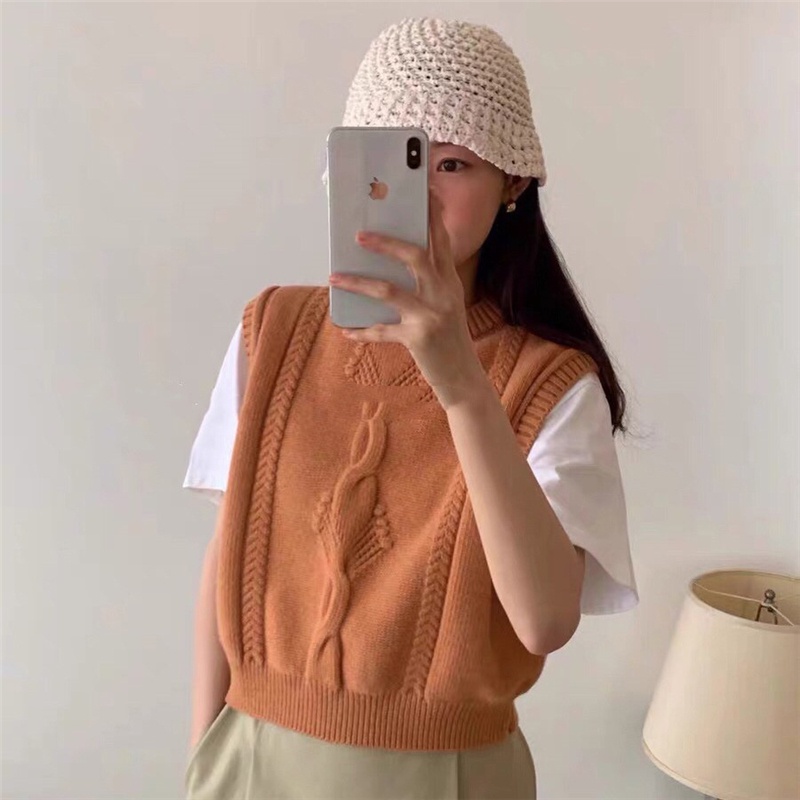 Áo sweater dệt kim SUXI không tay màu sắc đơn giản phong cách vintage Hàn Quốc thời trang cho nữ
