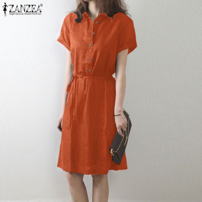 ZANZEA Đầm Midi Ngắn Tay Cổ Bẻ Cài Nút Trước Thời Trang Cho Nữ