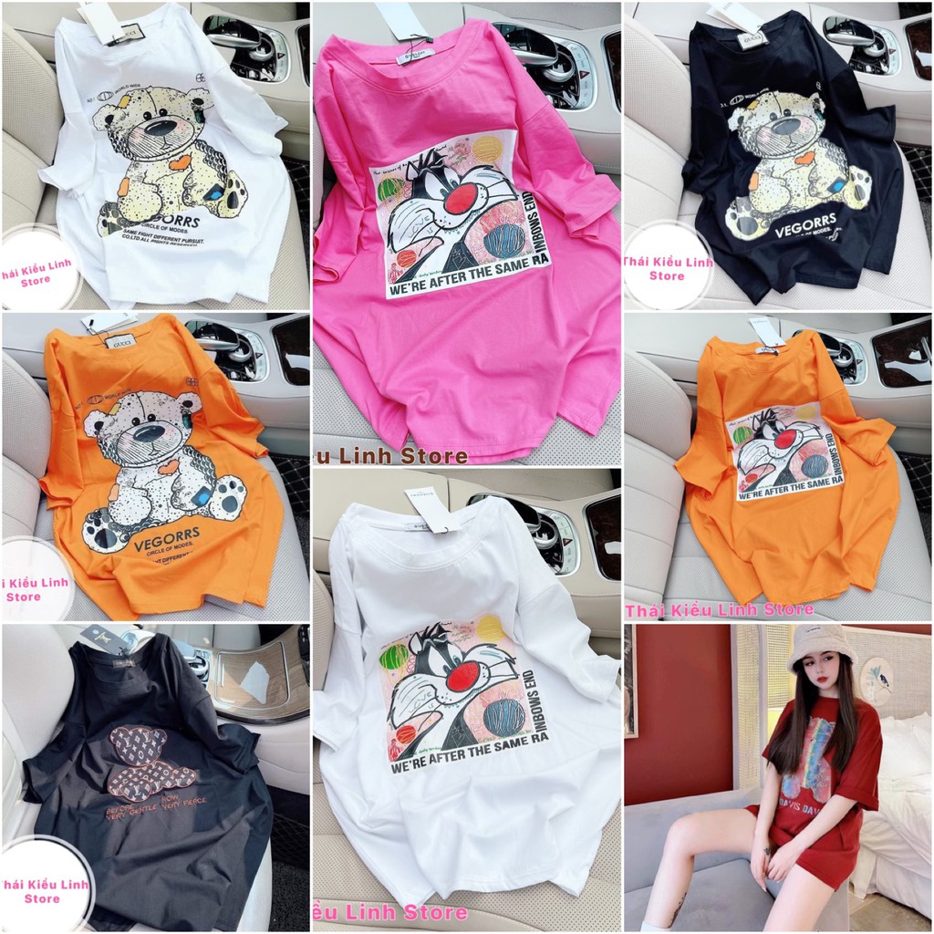 Áo Thun Dáng Rộng Giấu Quần Fullsize, phông in hình gấu, thời trang nữ Cotton Xịn Đẹp như hình