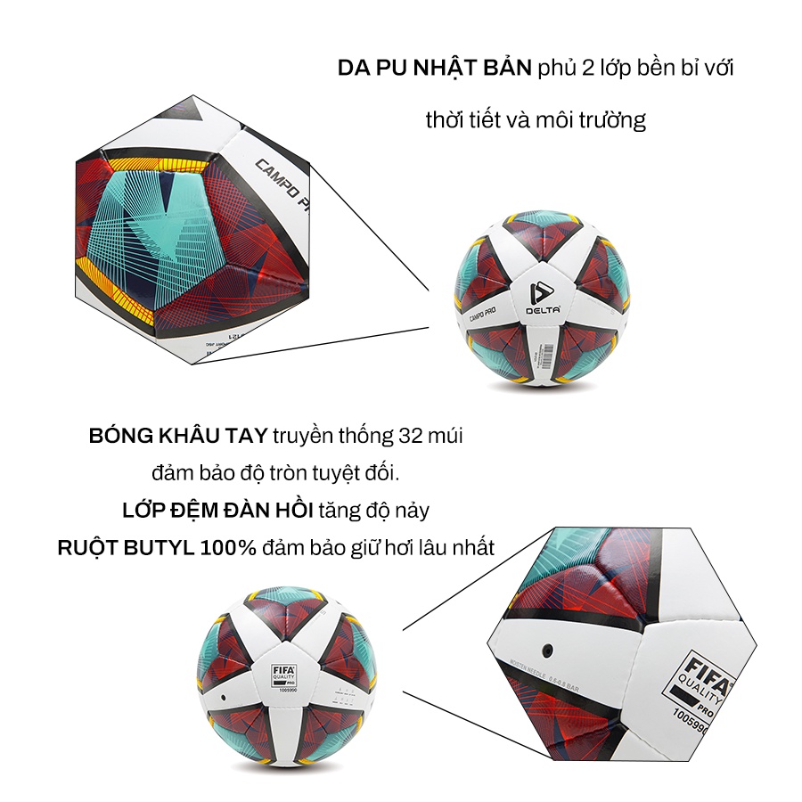 Bóng đá DELTA 9968-5K size 5 tiêu chuẩn FIFA, chất liệu da PU dùng cho 12 tuổi trở lên, chơi trên mọi loại sân.