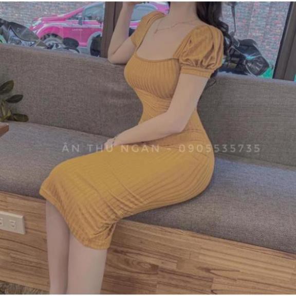 Váy đầm body sọc cổ vuông tay bồng xẻ sau siêu đẹp - phuong995