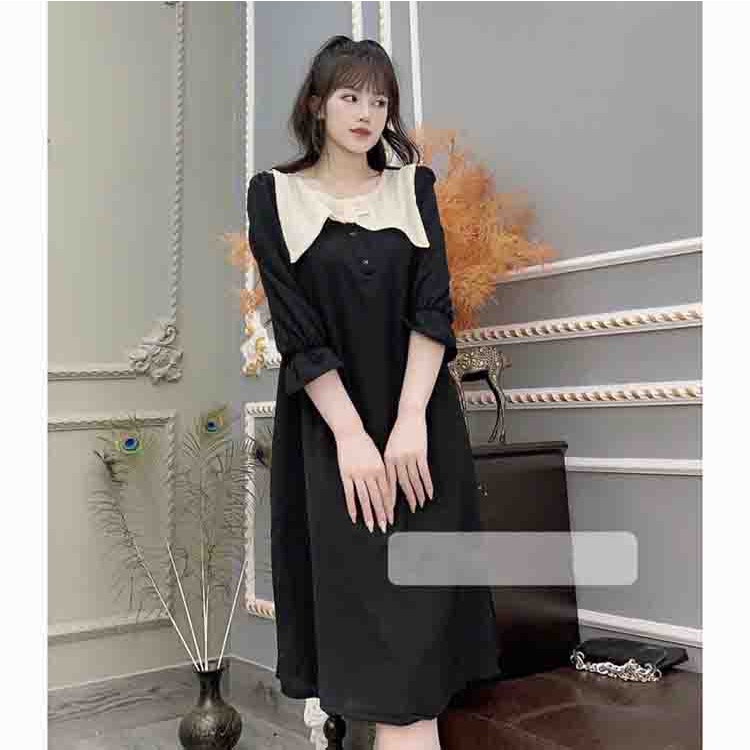 Đầm suông cổ nơ tay lỡ Váy dáng dài phối voan tiểu thư