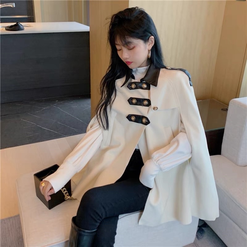 [Sẵn be] Áo khoác dạ cape choàng cổ đóng khuy phong cách sang trọng | BigBuy360 - bigbuy360.vn