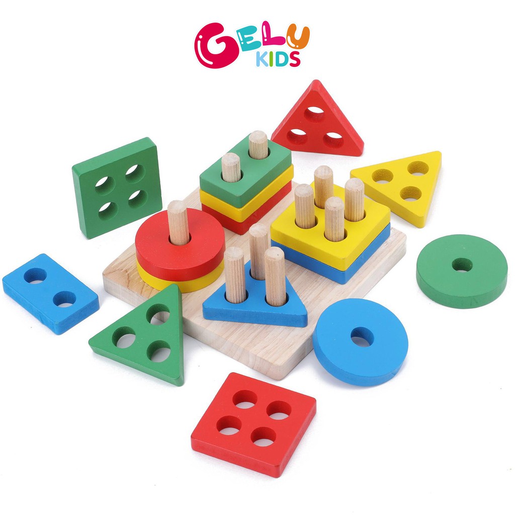 Bộ xếp hình montessori thả khối 4 cọc trụ gỗ GELU KIDS phát triển tư duy cho trẻ