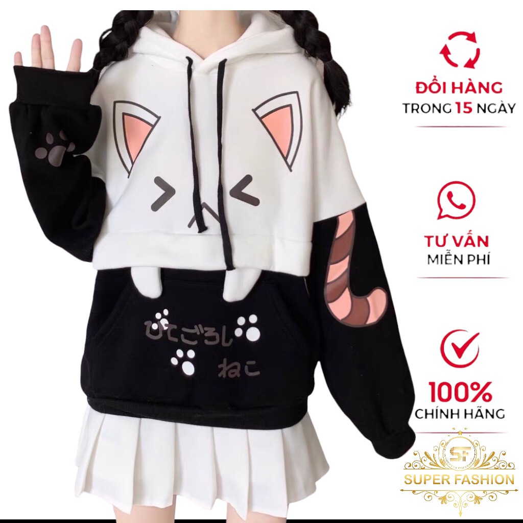 Áo Hoodie Nữ Phối Họa Tiết Mèo Cute [SUPER FASHION]