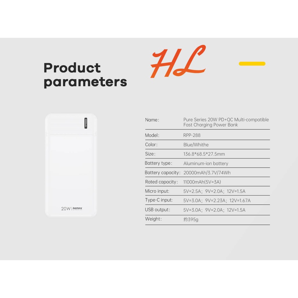 Pin Dự Phòng Sạc Nhanh Remax RPP-288 20000mAh - Sạc Nhanh QC 18W và PD20W - Hunglongpc