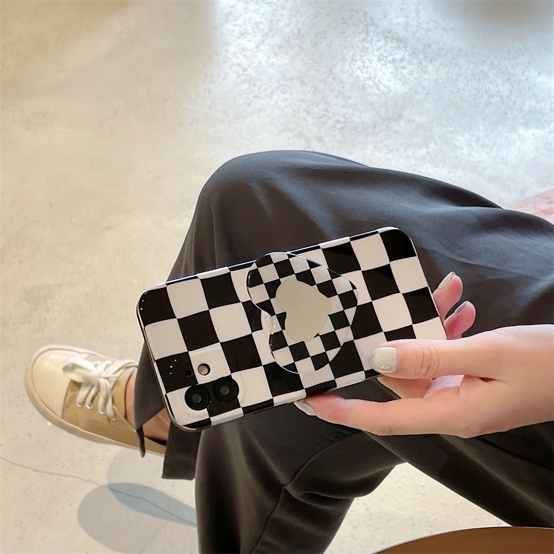 Ốp điện thoại TPU mềm kẻ sọc caro trắng đen có giá đỡ gương hình trái tim cho iPhone 12ProMax 12Pro 12 Max 11Pro 11 XS Max XR XS X 7Plus