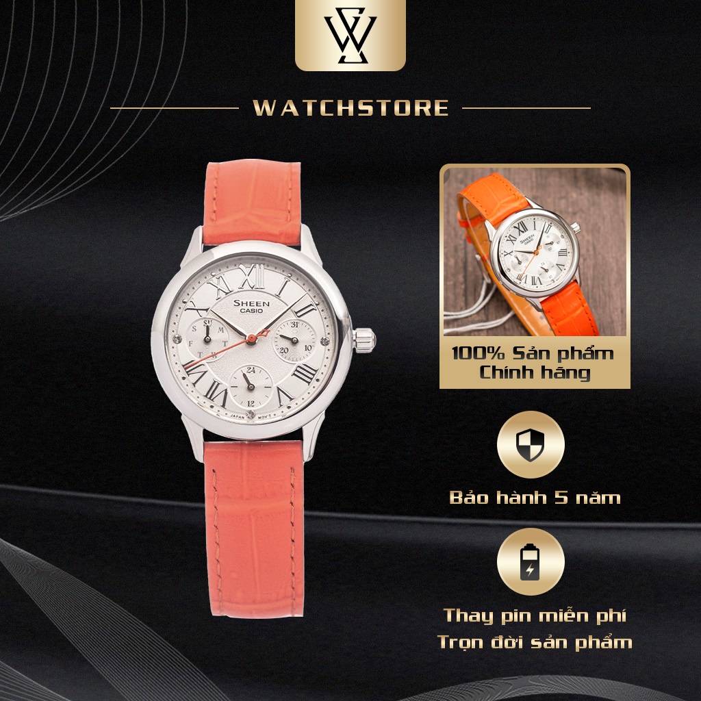 Đồng Hồ Quartz Nữ Casio Sheen WATCHSTORE SHE-3049L-7AUDR Thiết Kế Kính Khoáng 30.5mm, Dây Da, Vỏ Thép Không Gỉ