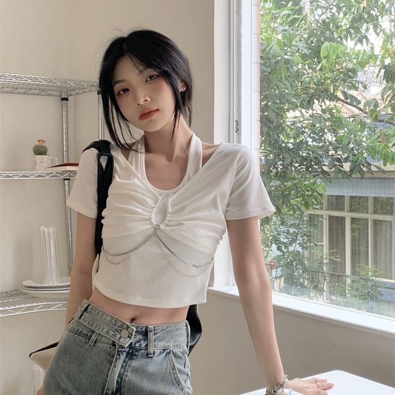 COZOKC COZOK Áo kiểu COZOK tay ngắn hở lưng thiết kế đơn giản thời trang
