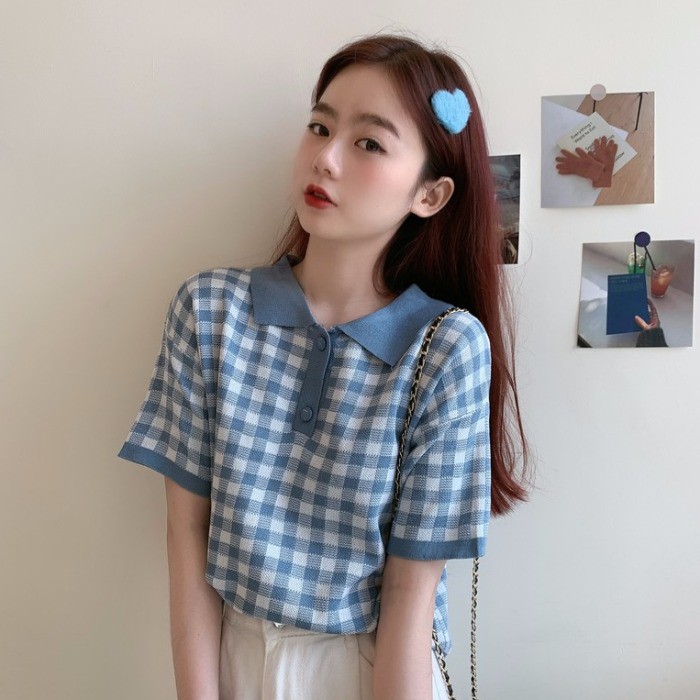 Áo thun POLO ngắn tay dáng rộng họa tiết sọc caro phong cách Hàn Quốc thời trang mùa hè