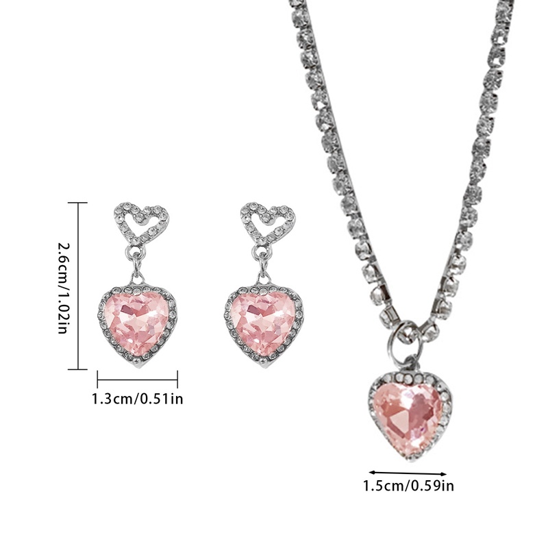 Bộ Vòng cổ + Bông Tai Đính Đá Zircon Hình Trái Tim Màu Hồng Sang Trọng