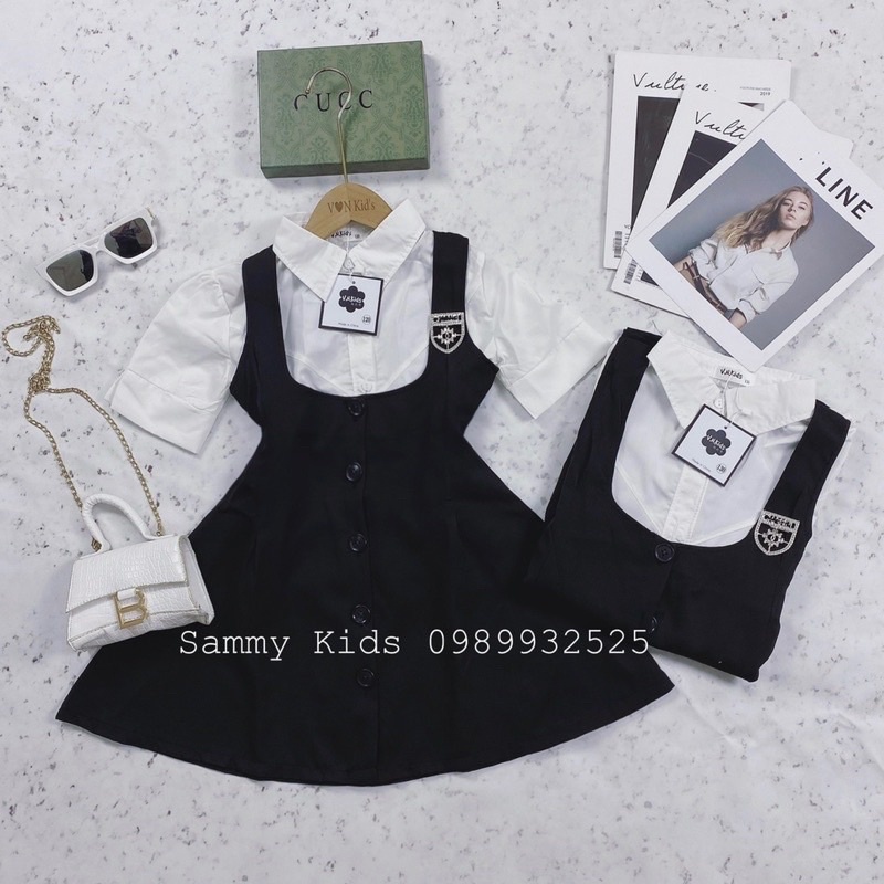 Set Yếm xoè Áo Sơmi kèm Tag Đá cao cấp cho bé gái size đại 16-41kg