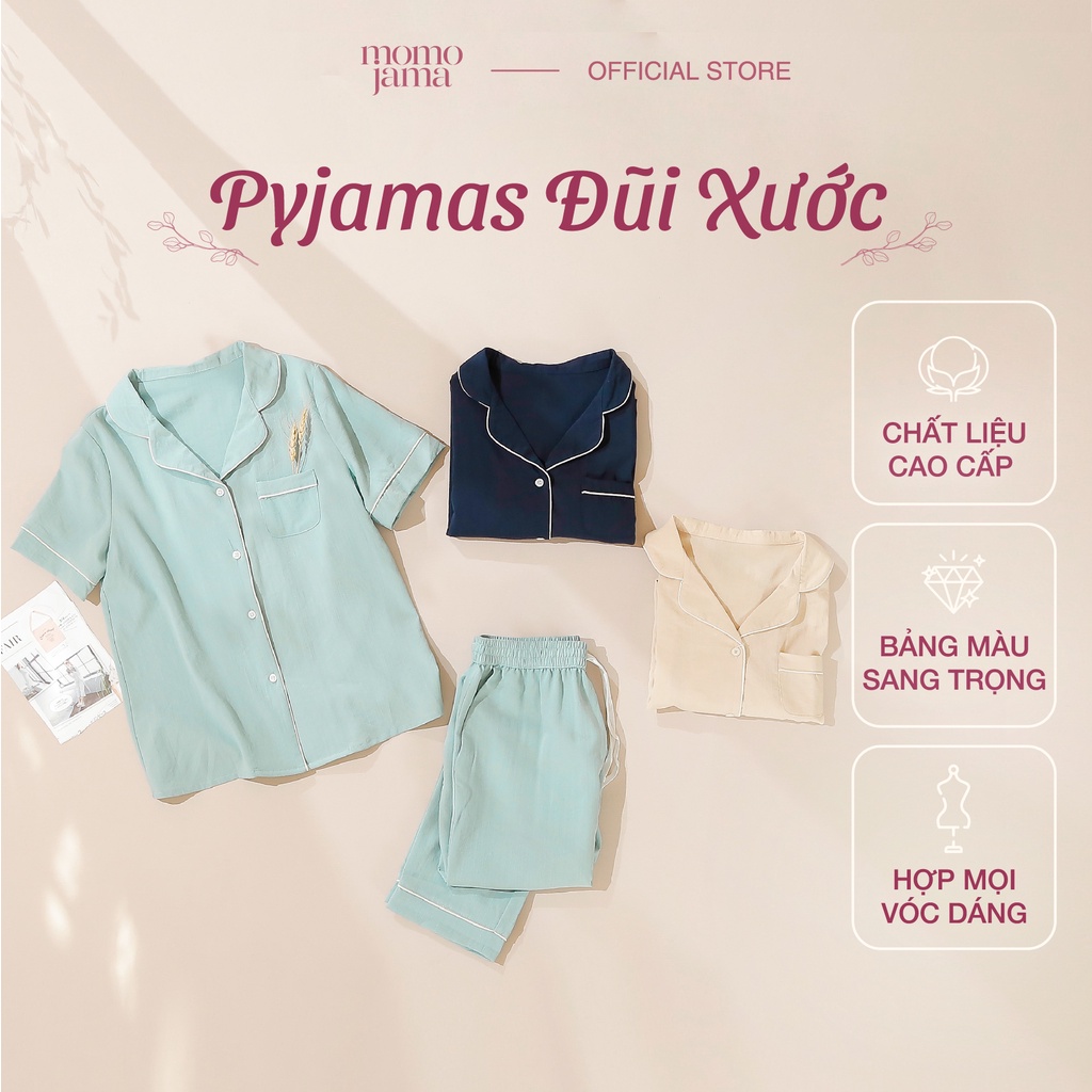 Bộ pijama mặc nhà áo cộc quần dài MOMOJAMA chất liệu đũi xước - 5 màu trơn | BigBuy360 - bigbuy360.vn