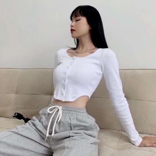 Áo croptop nữ vạt bầu dài tay phối cúc dọc vải thun tăm co giãn Shynstores