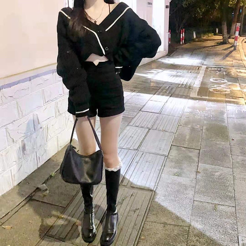 Áo cardigan RENJIANVSHENG tay dài cổ chữ V dệt kim dáng ngắn phong cách Hàn Quốc retro thời trang dành cho nữ