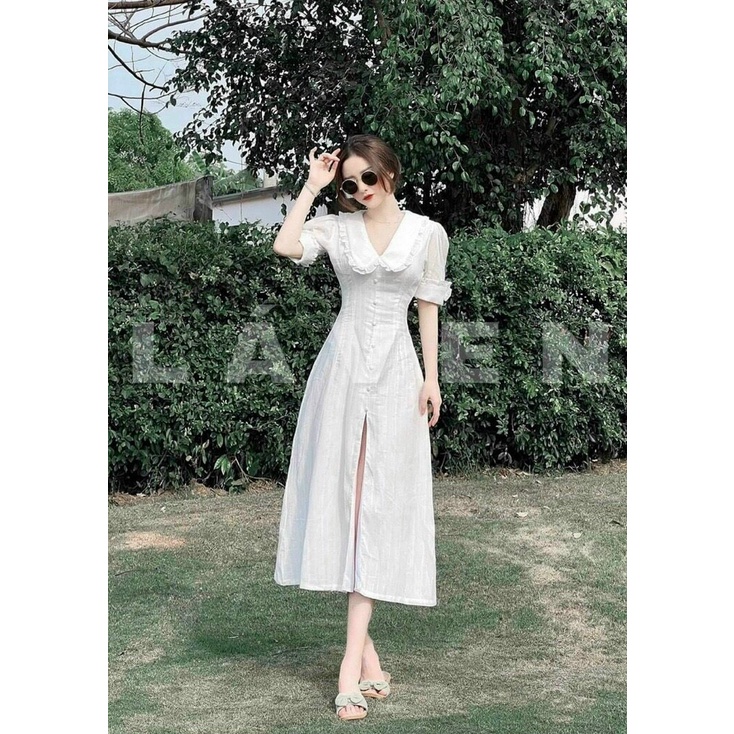 Đầm Nữ Bèo Cổ Xé Tà Nút Bọc Chất Đũi Nhăn 3 Màu Y Hình Qúy Cô Thoải Mải Chọn Lựa QCS