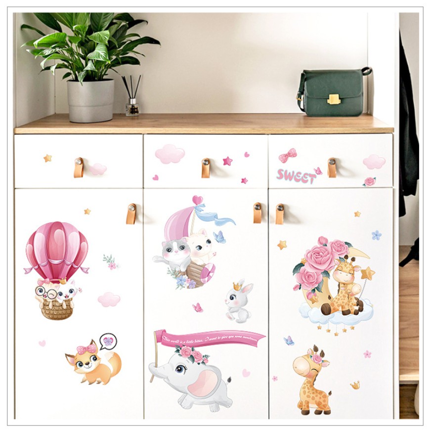 Decal dán tường  Mèo và voi con xinh xắn cho bé yêu