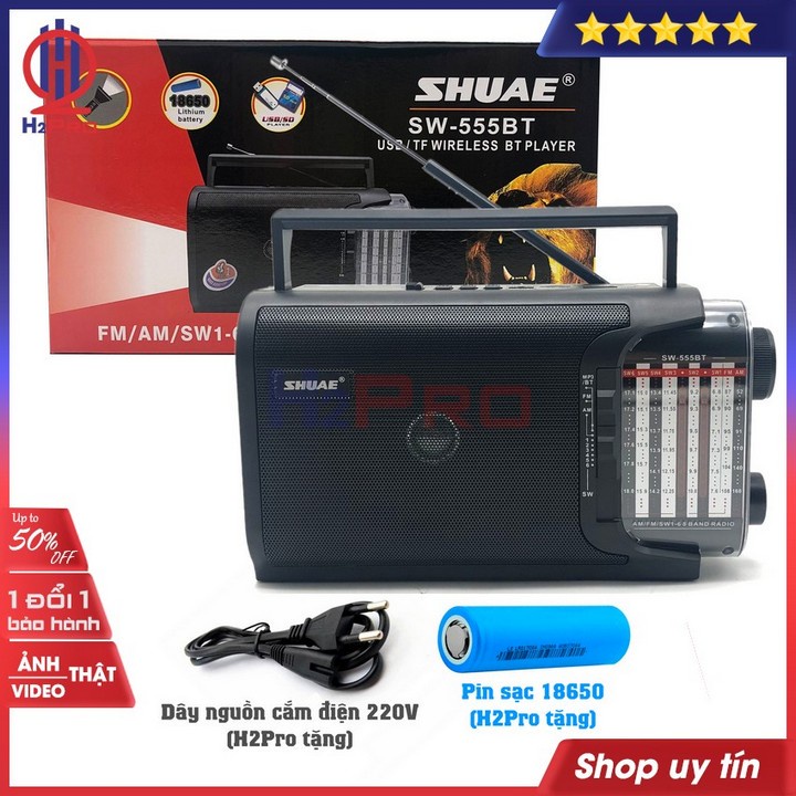 Đài radio đa năng SHUAE SW-555BT bands FM-AM-SW, loa bluetooth-USB-Thẻ nhớ-đèn pin