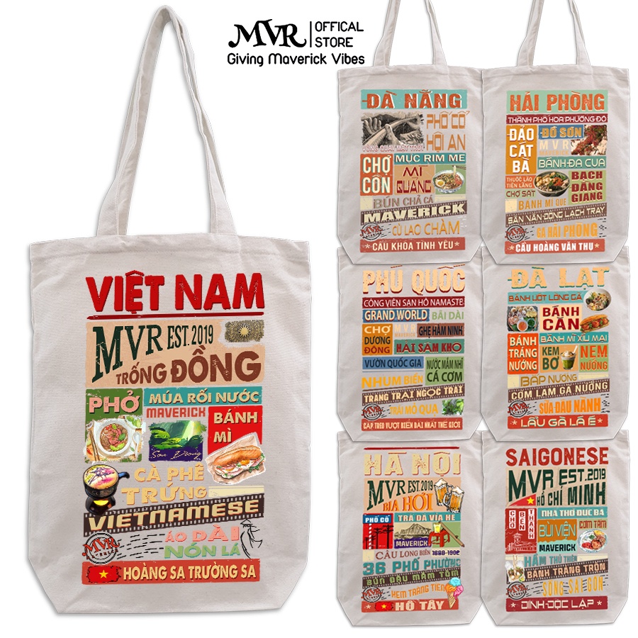 Túi tote trắng kem tỉnh thành sài gòn hà nội việt nam phong cách hàn dễ thương du lịch đi học quà tặng sinh nhật kỷ niệm