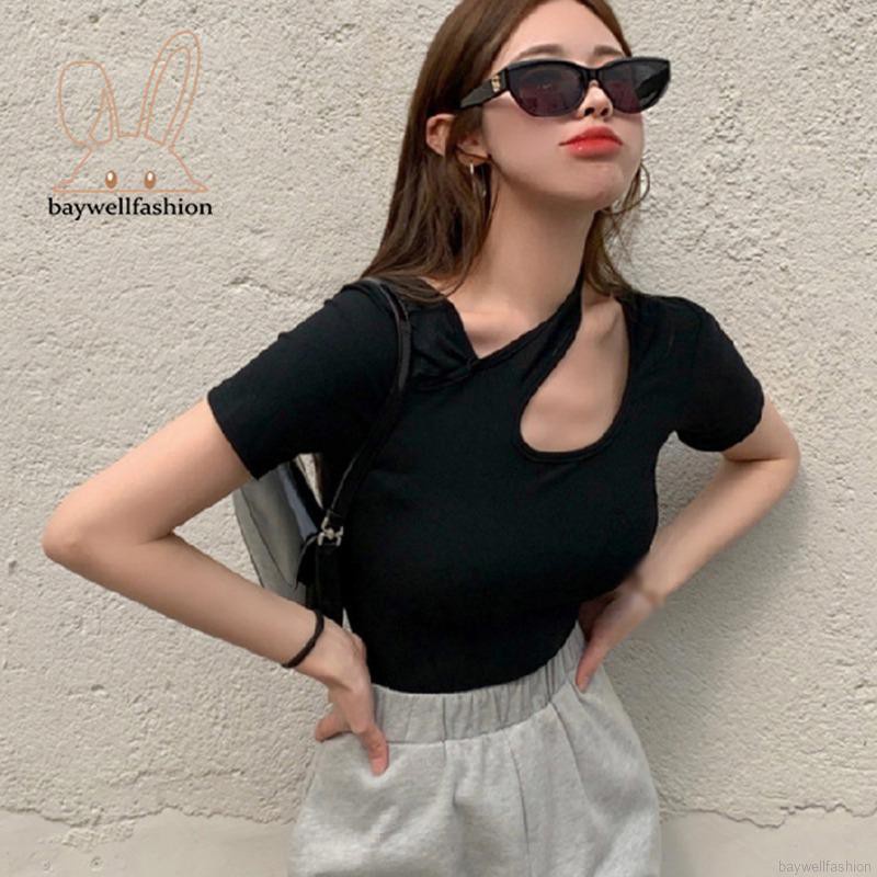 Áo thun tay ngắn thiết kế không cân xứng thời trang mùa hè cho nữ