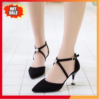 Giày cao gót gắn ngọc châu gót vàng 7 phân