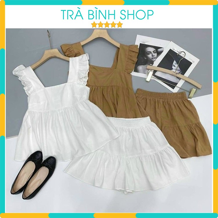 Set Áo Đũi Tay Cánh Tiên Cổ Vuông Kèm Quần Sooc Cạp Chun Đuôi Cá Siêu Mát