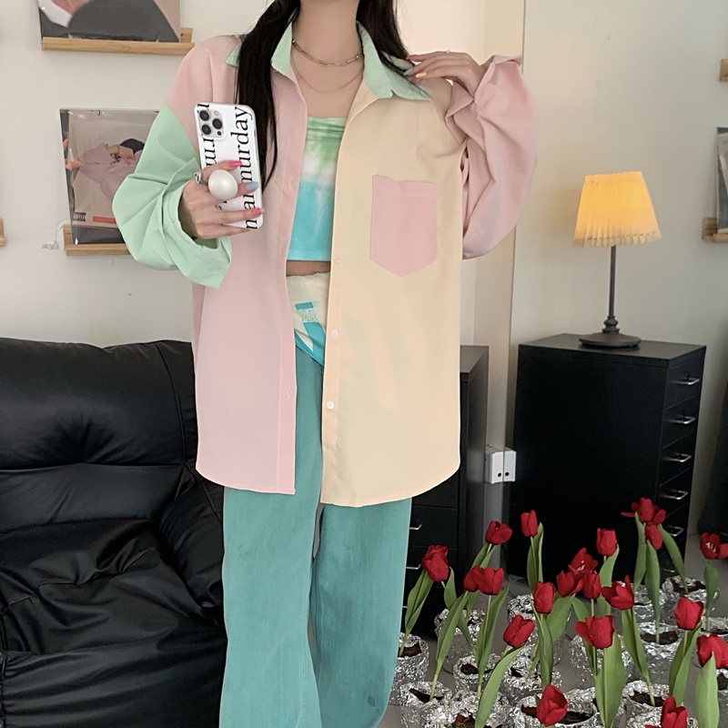 SUXI Áo Sơ Mi Tay Dài Chống Nắng Màu Sắc Tương Phản Thời Trang Mùa Hè Cho Nữ